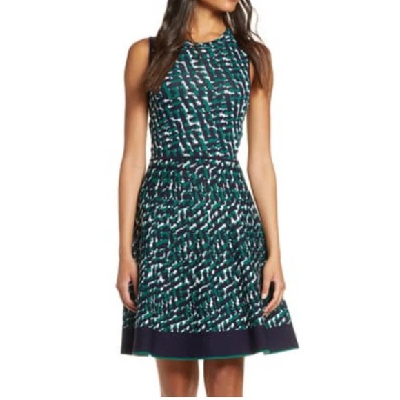 Eliza J XL Sleeveless Knit Fit & Flare Dress Navy Green White Geometric Pattern - Picture 1 of 7
